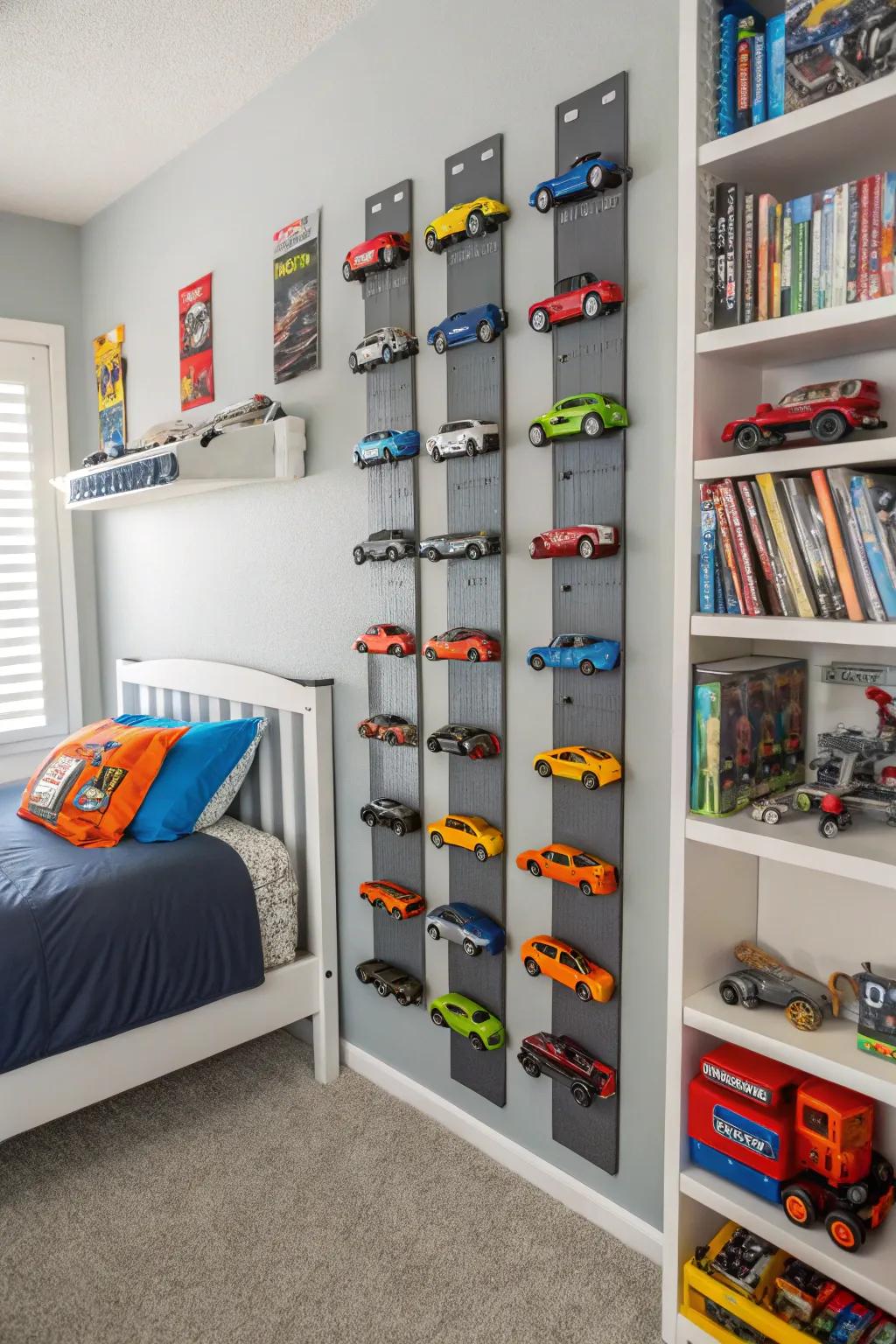 Magnetic strips provide a modern display for Hot Wheels.