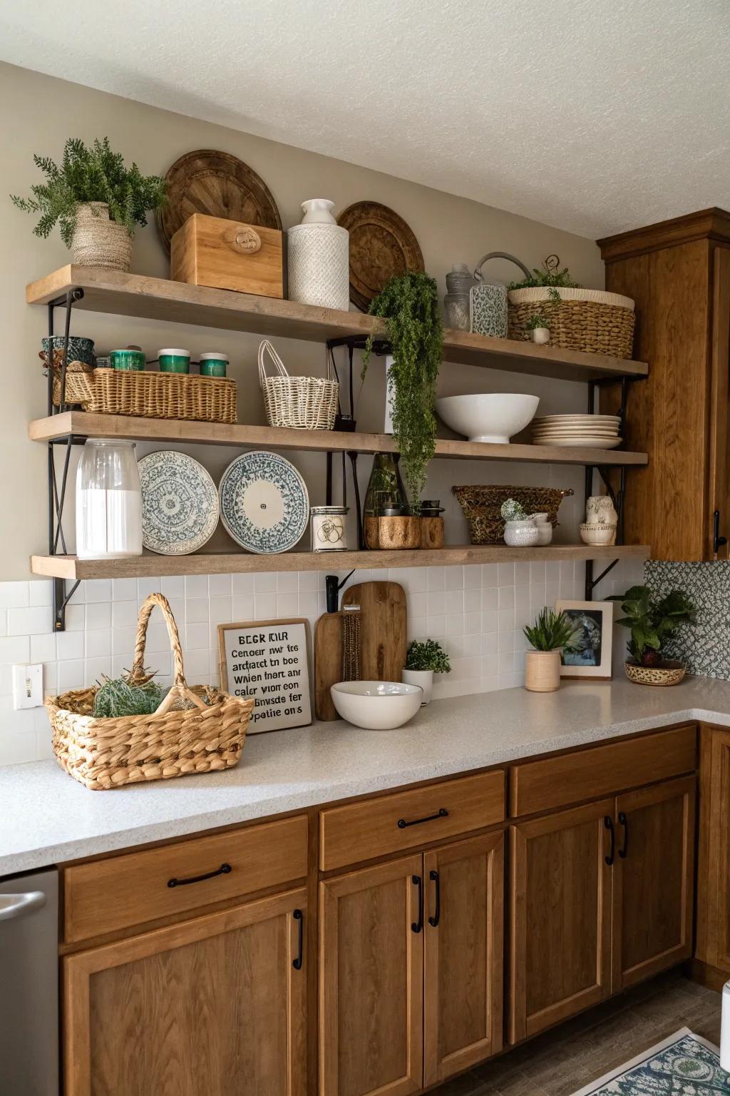 A mix of modern and traditional decor elements above kitchen cabinets.