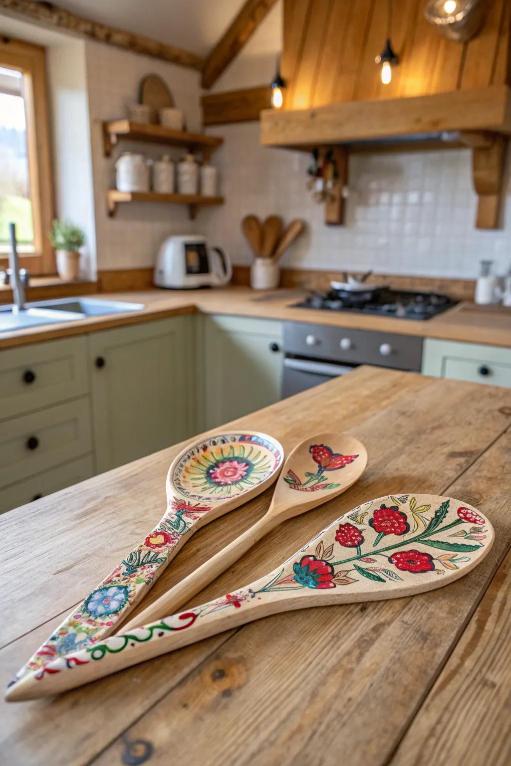 Brighten your kitchen with whimsically decoupaged wooden spoons.