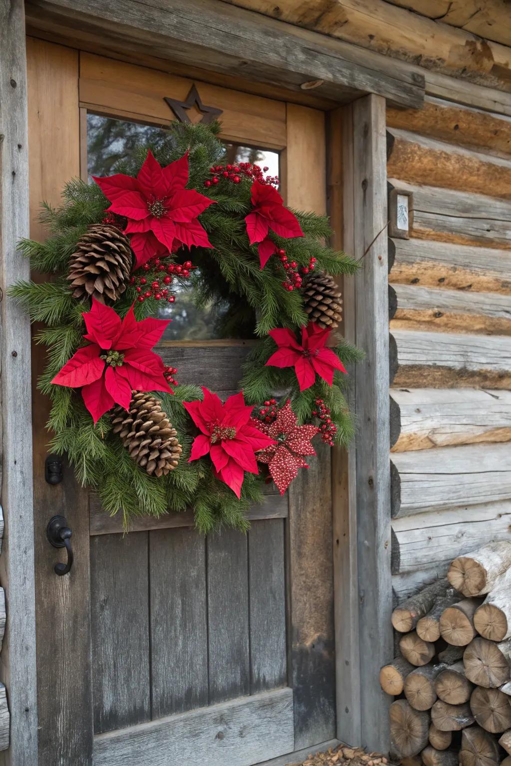 A festive poinsettia and pinecone wreath on a cabin door.