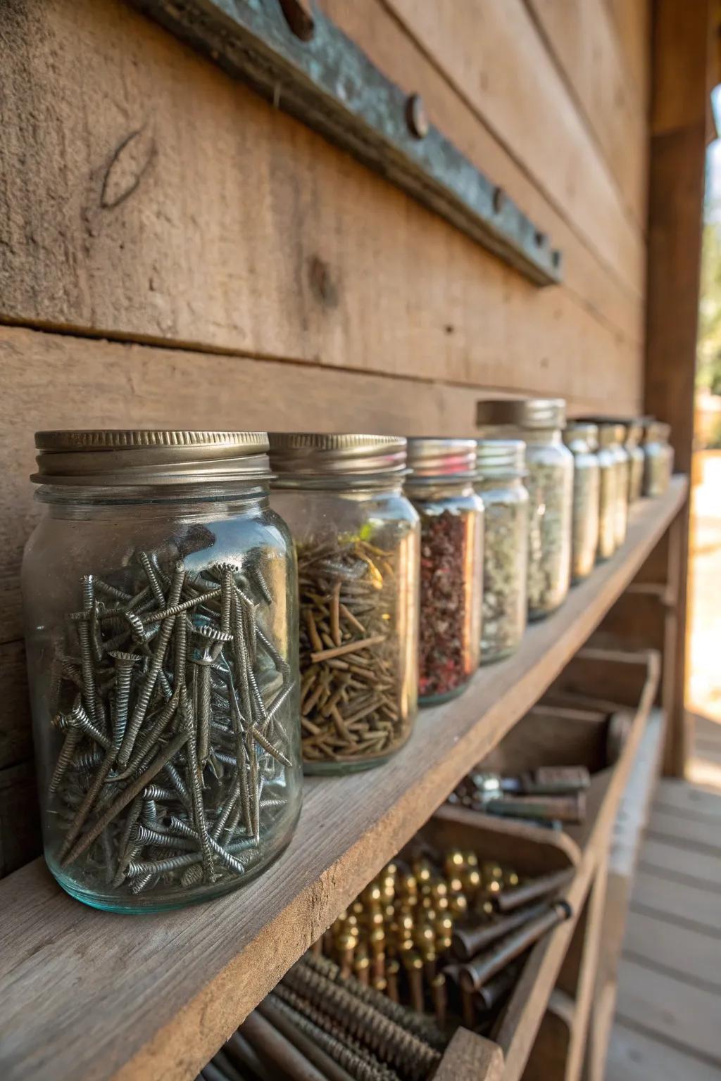Elevate your workspace with a touch of rustic charm using glass jars for organized storage.