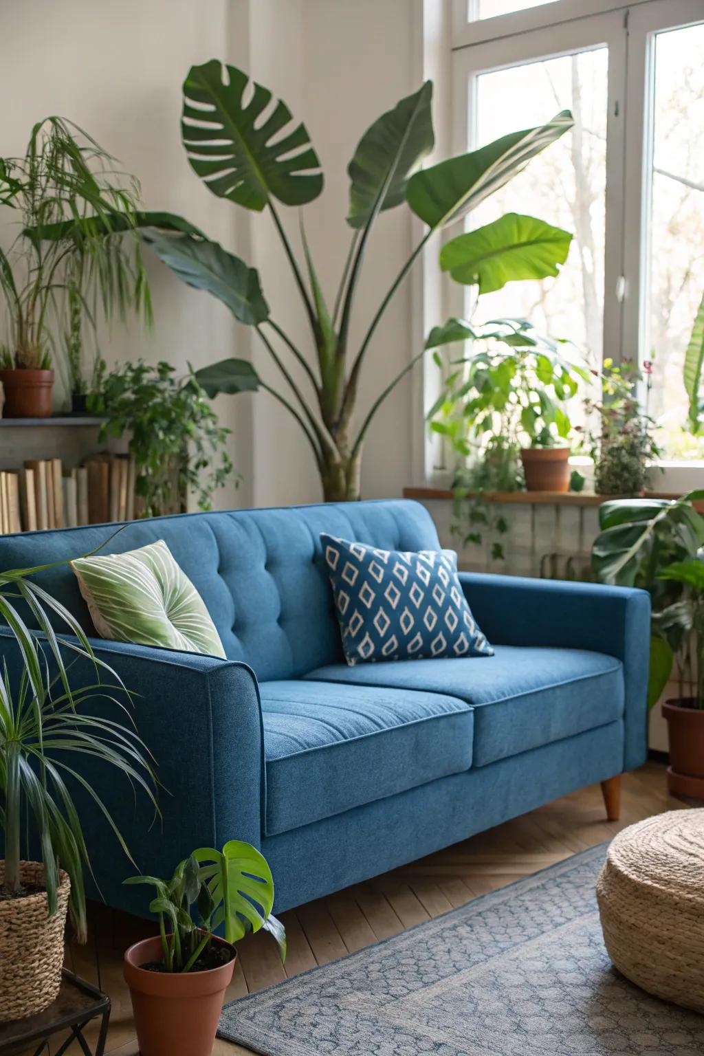 Greenery adds freshness and vitality to a blue couch setting.