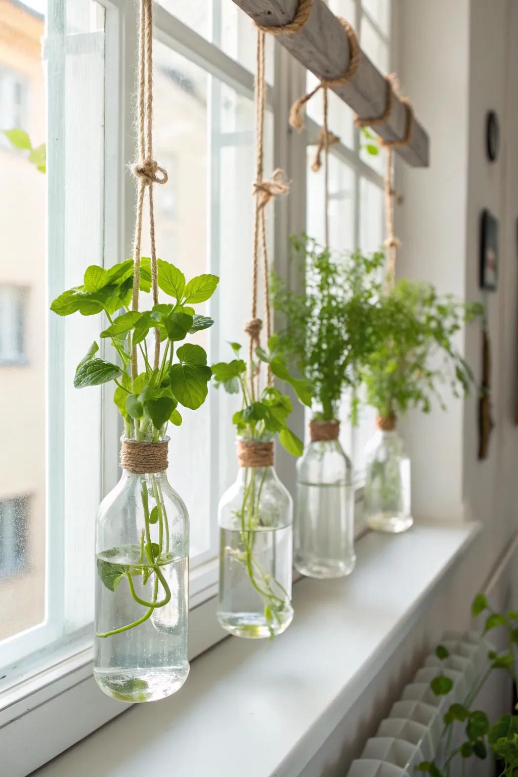 Transform your window into a lush garden with elegant hanging hydroponics.