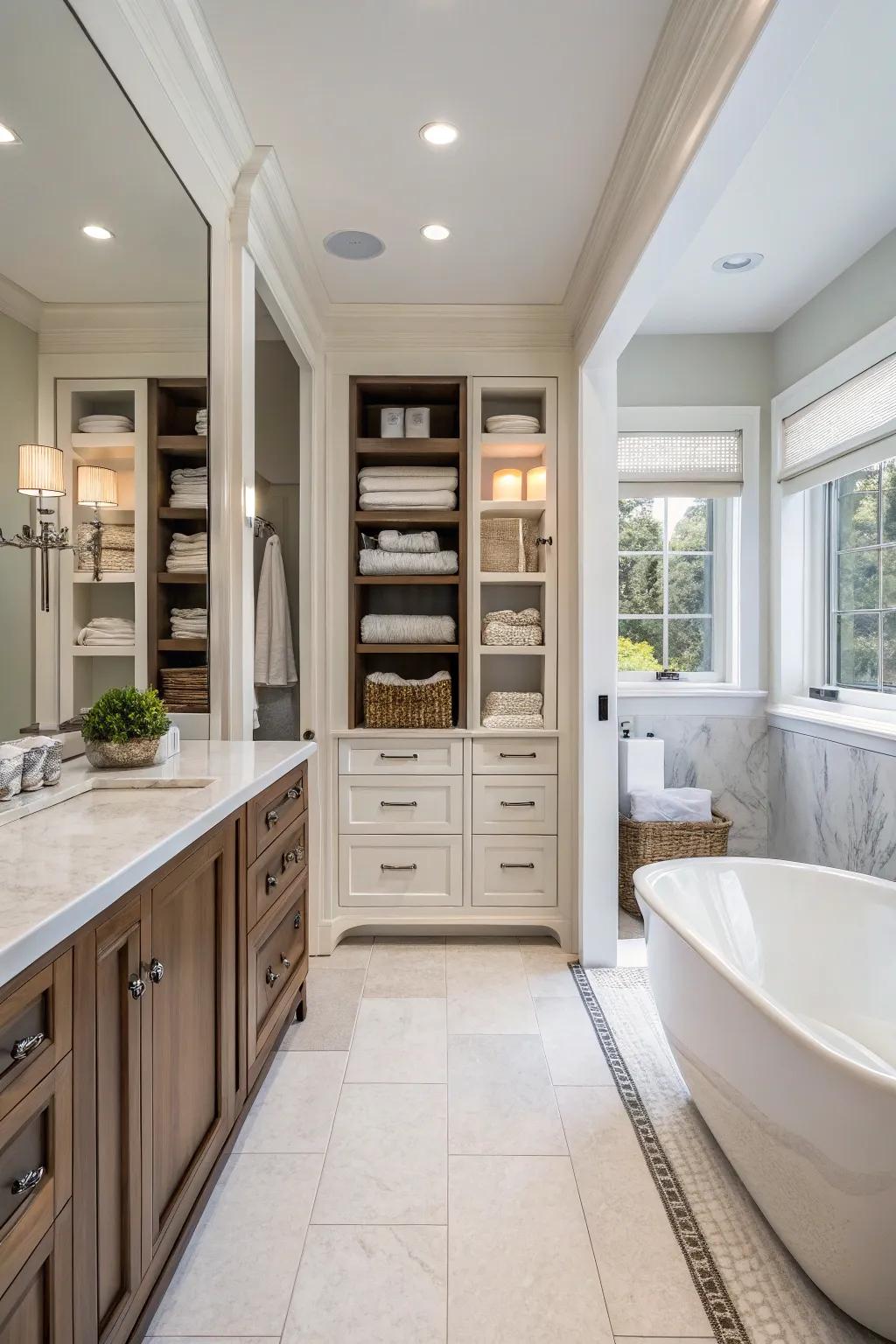 Smart storage solutions keep this master bathroom organized and clutter-free.