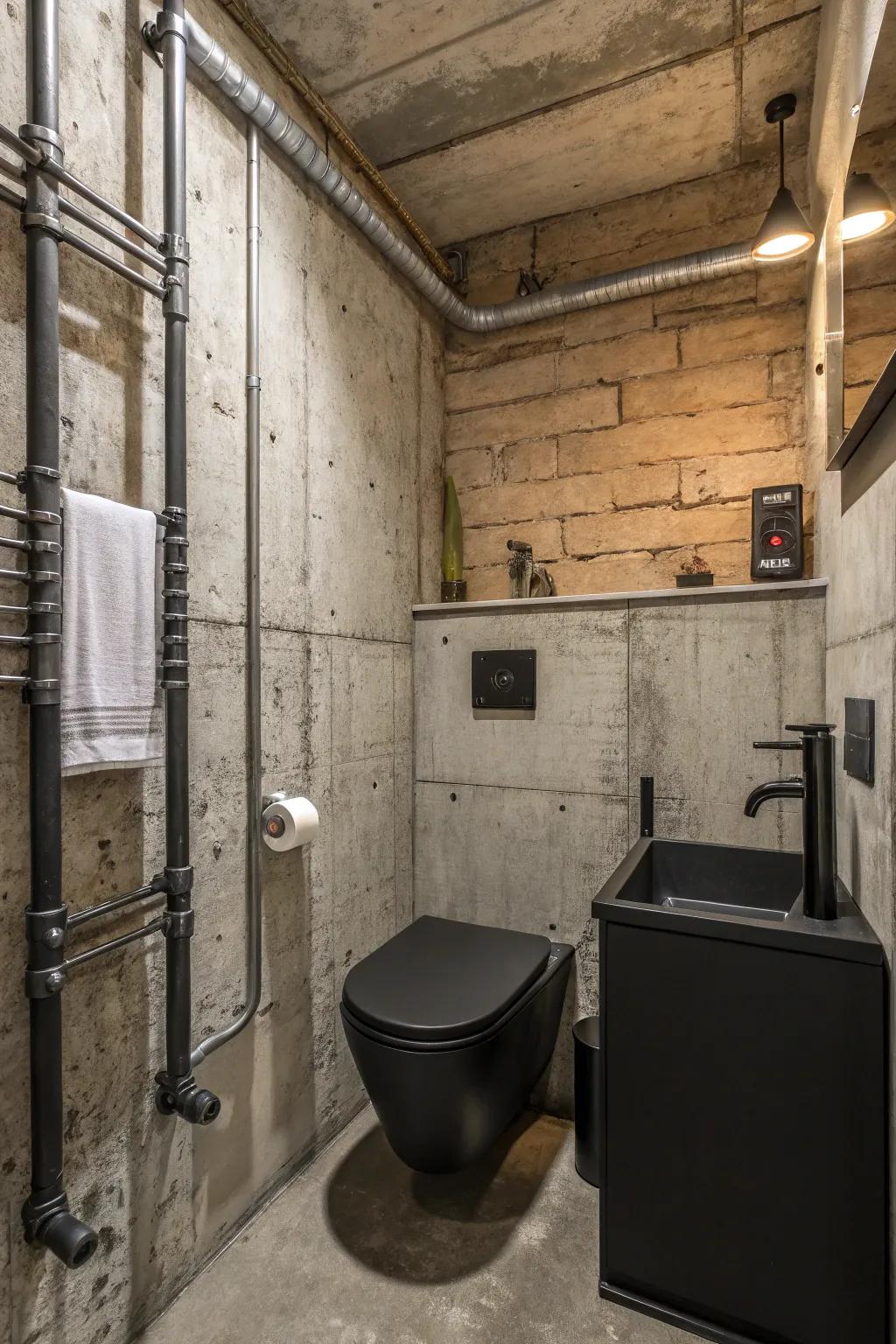 Concrete and metal bring an edgy, industrial feel to the bathroom.