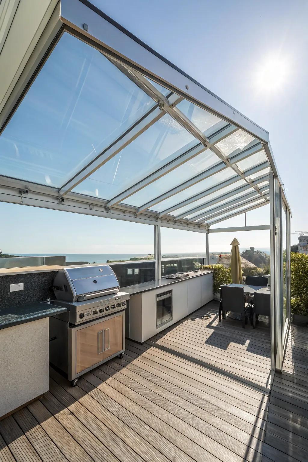 A glass roof extension allows you to enjoy grilling under the stars.