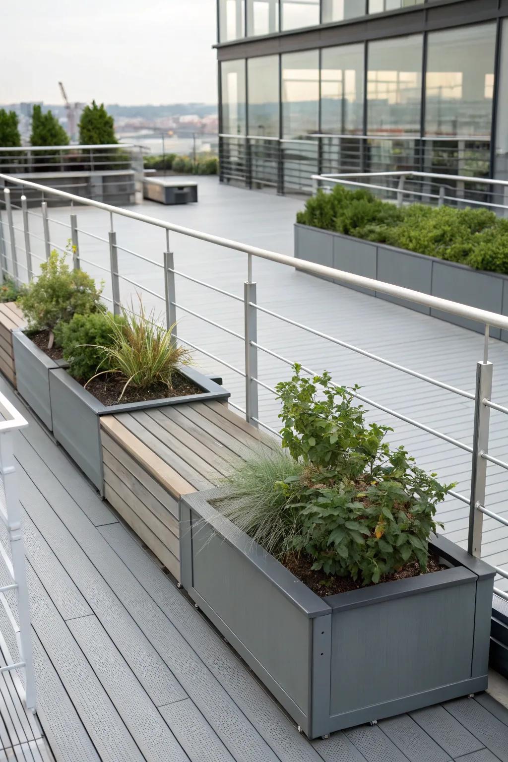 Seamless integration of benches and railings for a modern, uncluttered look.