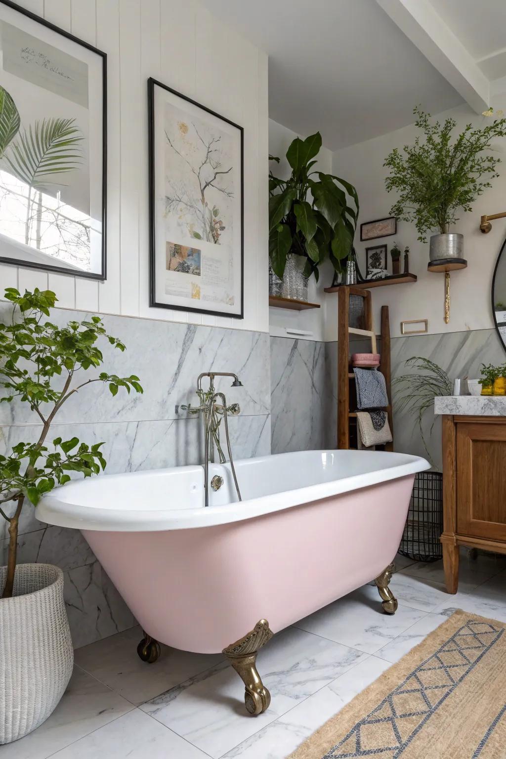 A painted clawfoot tub blending vintage charm with modern style.