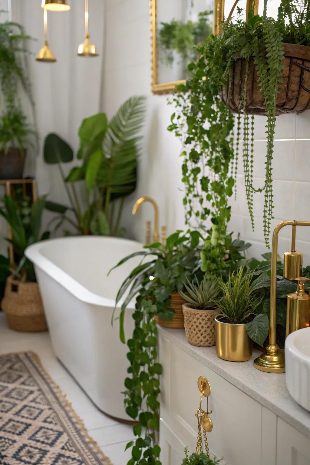 Greenery combined with gold accents offers a serene bathroom retreat.