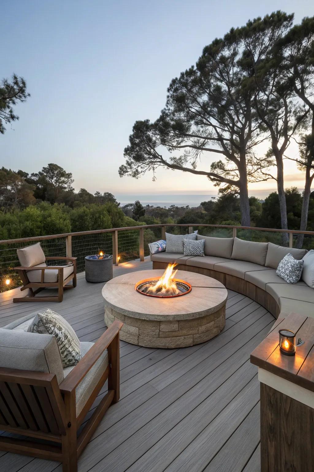 A warm and inviting fire pit on a high deck perfect for gatherings.