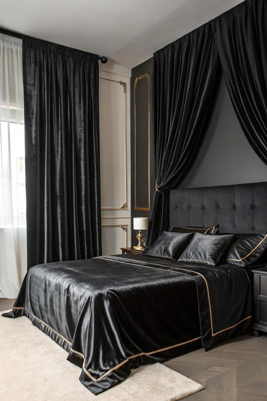 High-quality materials like silk and velvet elevate the luxury feel of this black bedroom.