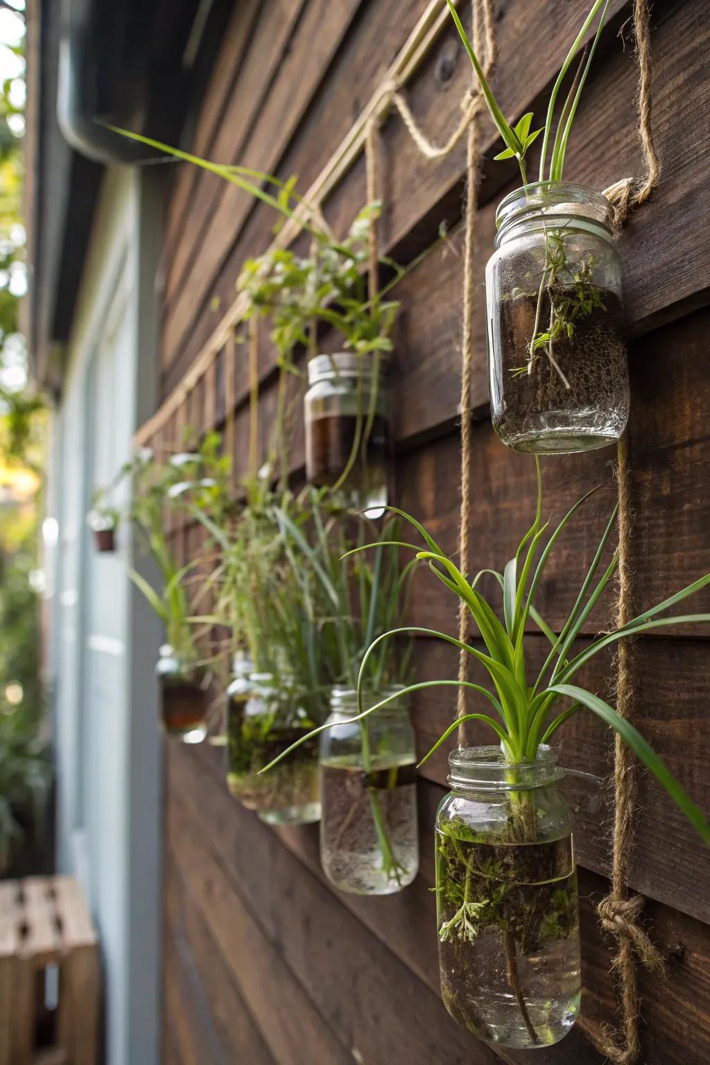 Repurposed mason jars offer a sustainable propagation solution.