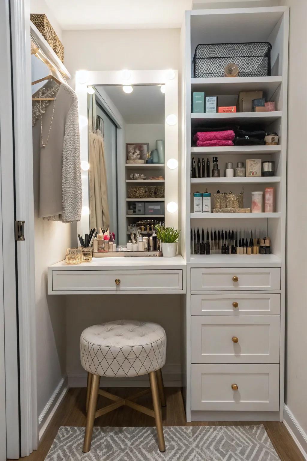 A closet transformed into a cozy vanity nook.