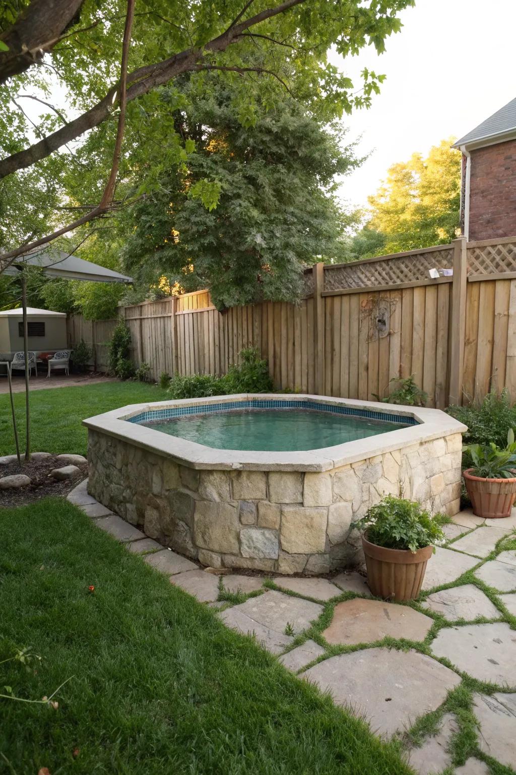 Stone facades add elegance to above-ground pools.