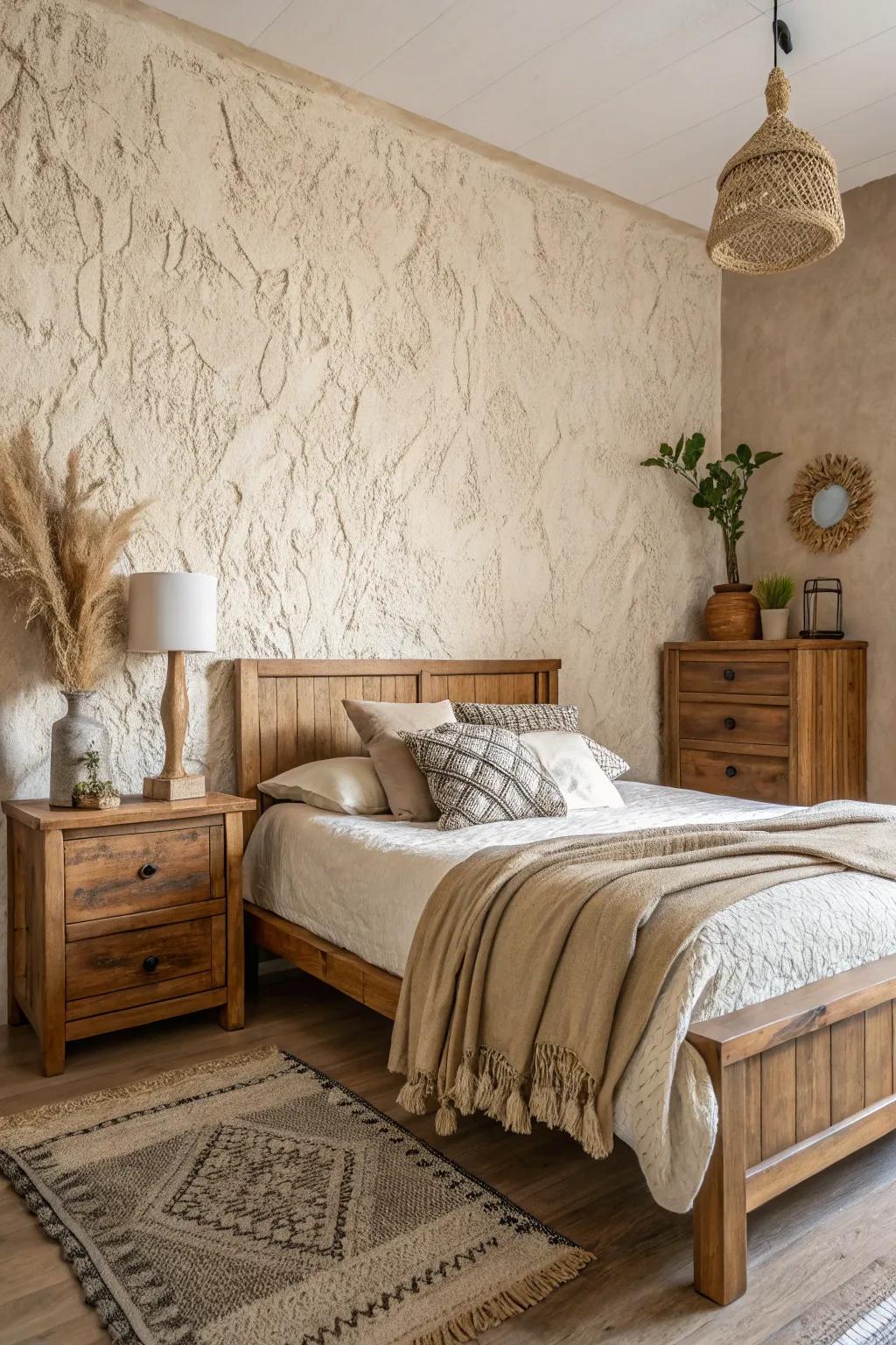 Textured plaster walls evoke a sense of history and warmth.