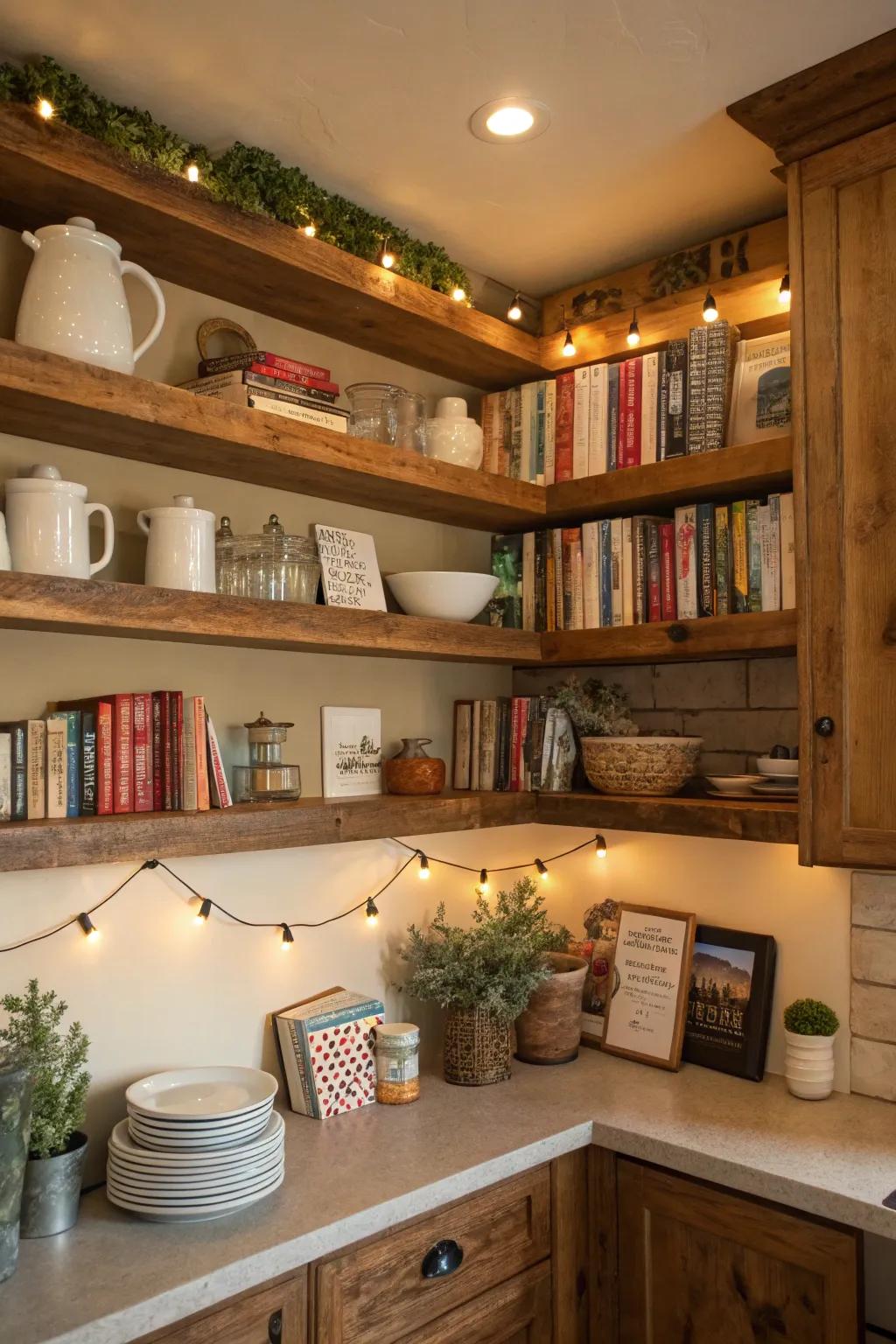 Add warmth and style with open shelves in your kitchen corner.