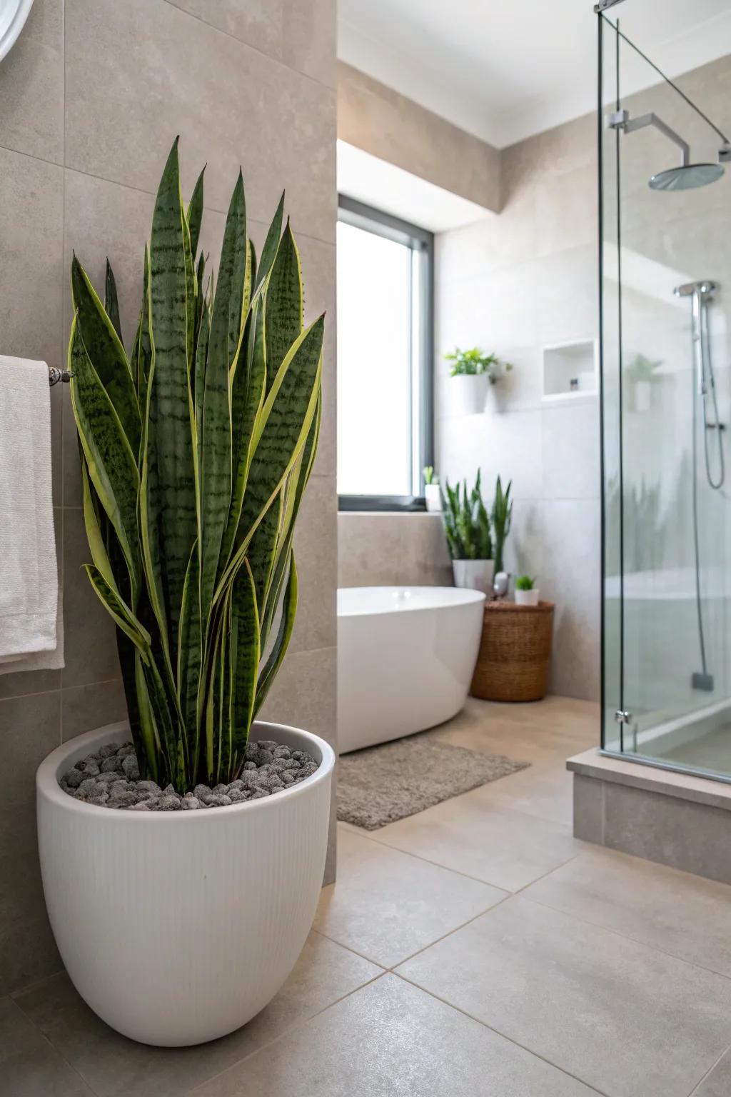 Snake plants are hardy and perfect for enhancing bathroom air quality.