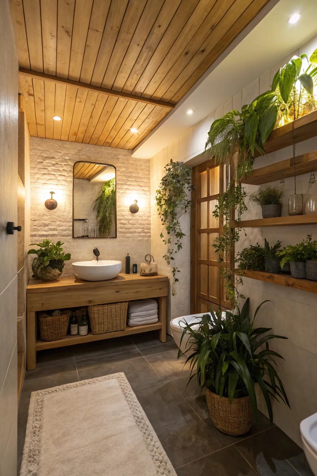 Natural wood soffits bring warmth and a spa-like atmosphere to bathrooms.