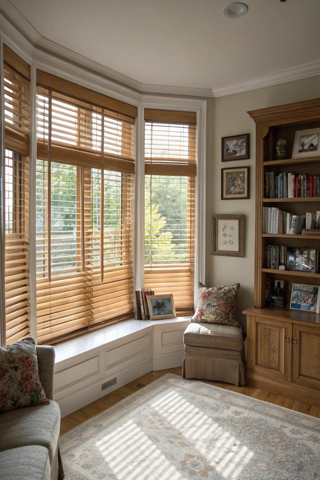 Wood blinds add warmth and natural elegance to bay windows.