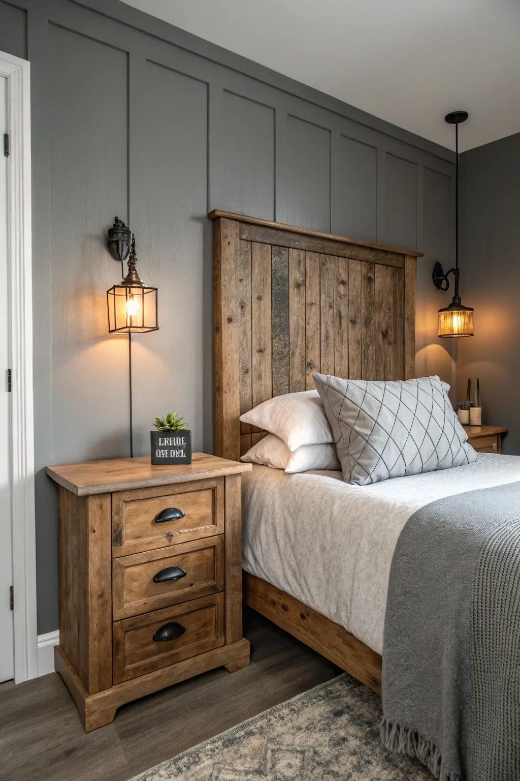 Wooden accents bring warmth and harmony to gray bedrooms.