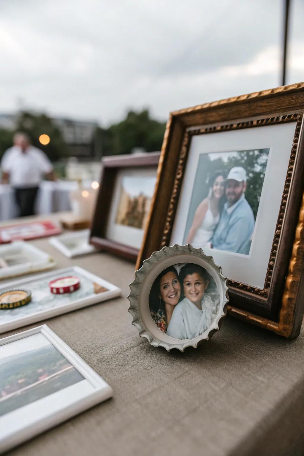 Personalized photo bottle cap pins keep cherished memories close.