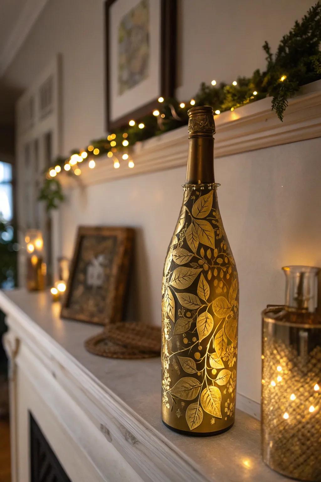 A glamorous bottle lamp with metallic accents.