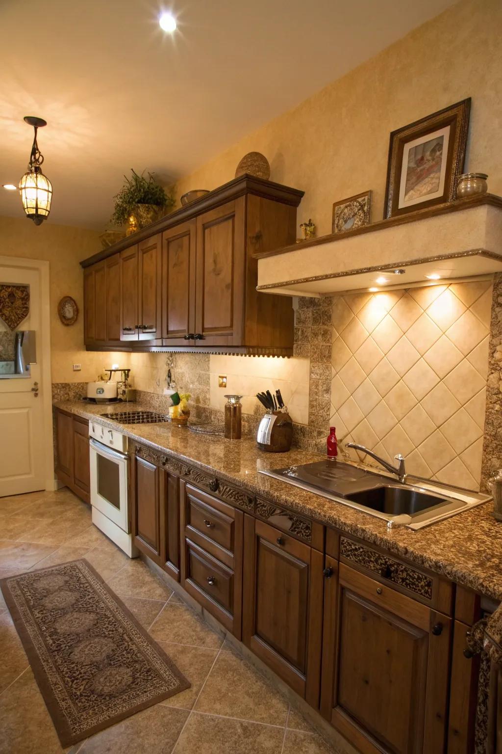 Beige walls provide a timeless and warm complement to brown granite countertops.