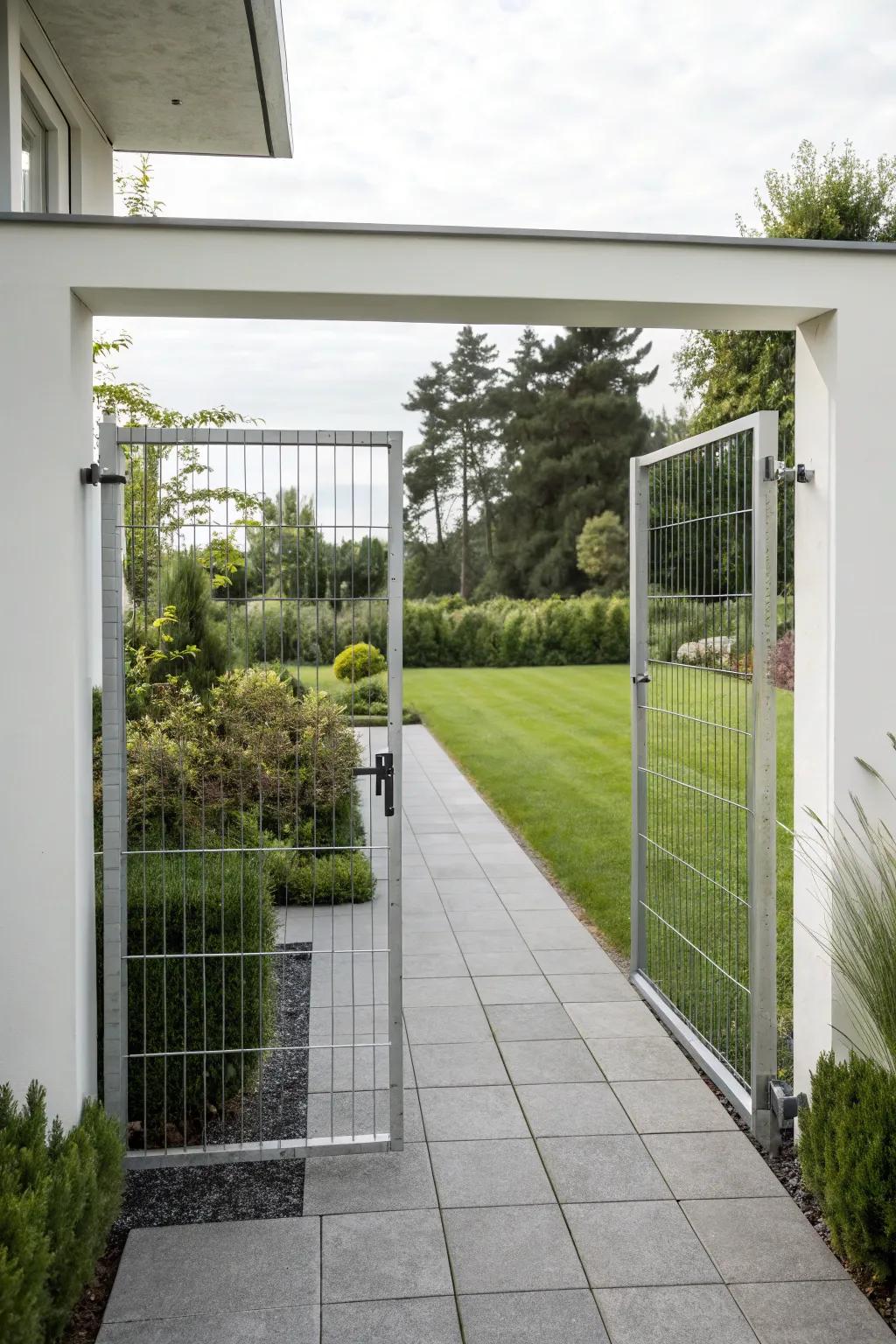 A minimalist wire panel gate complements modern garden designs.