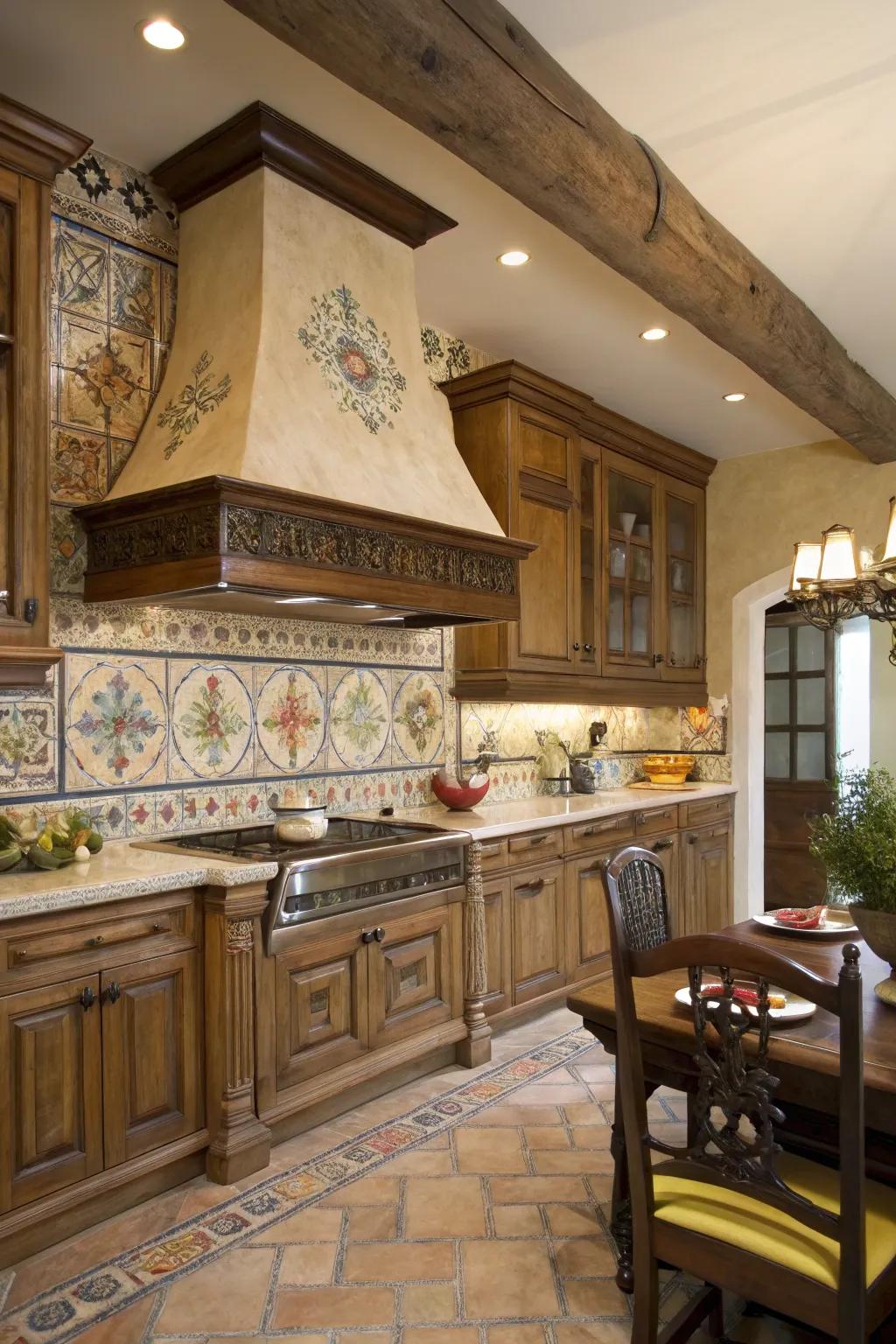 A Spanish-style kitchen with a grand plaster hood and intricate tiles.