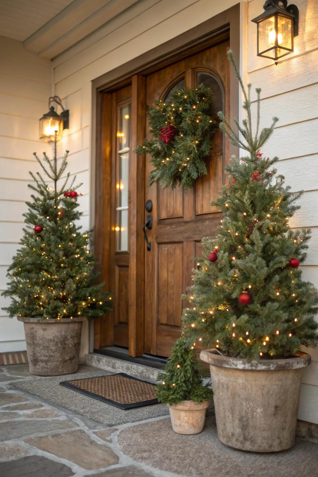 Mini Christmas trees in rustic pots for a charming entrance.