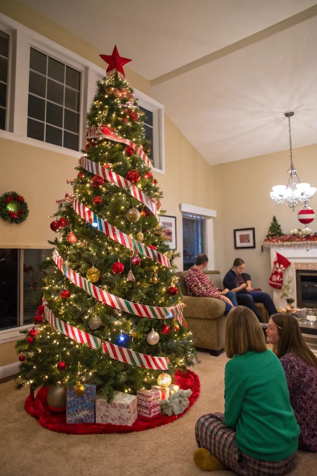 A whimsical Christmas tree adorned with candy cane stripe ribbons, adding a playful touch to the holiday decor.