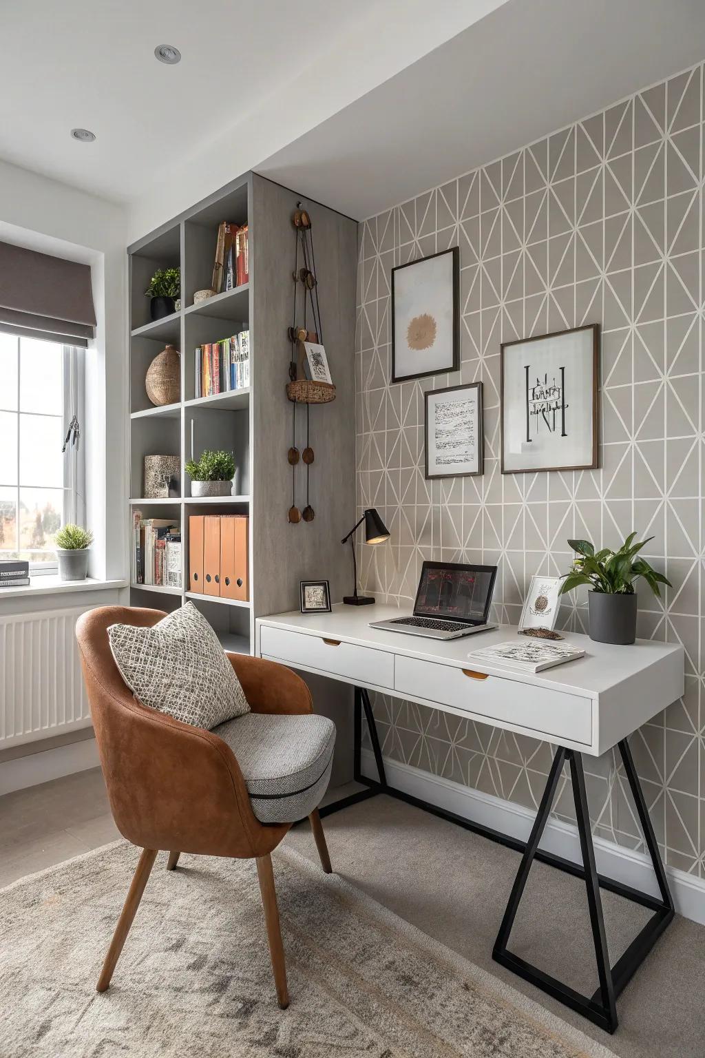 A sleek home office with rust and gray color palette.