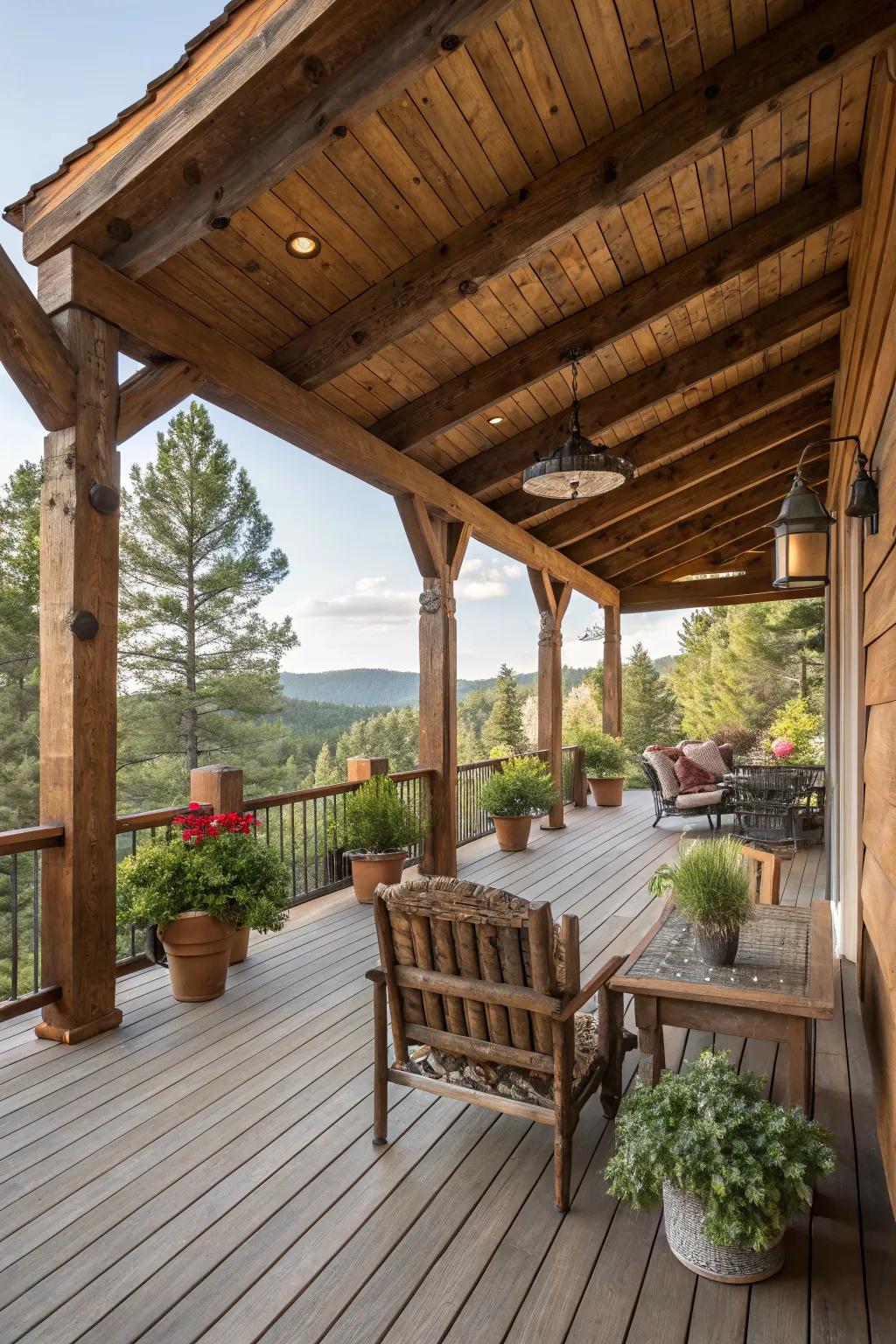 Rustic wood beams add warmth and character to this charming covered deck.