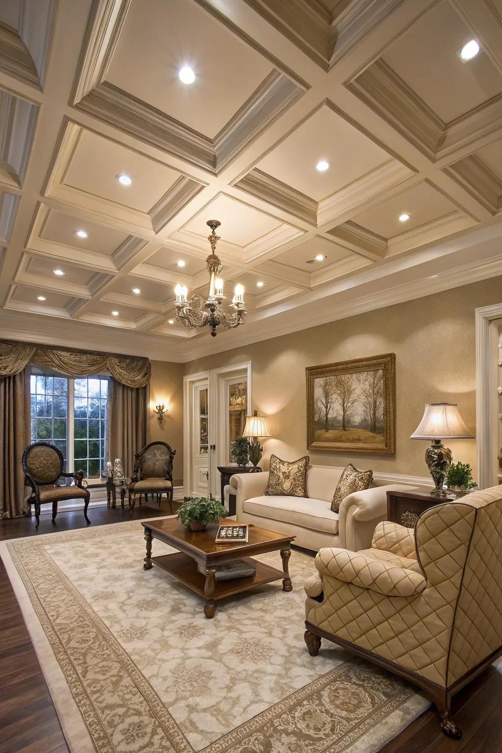 Faux coffered ceilings add architectural interest and sophistication.