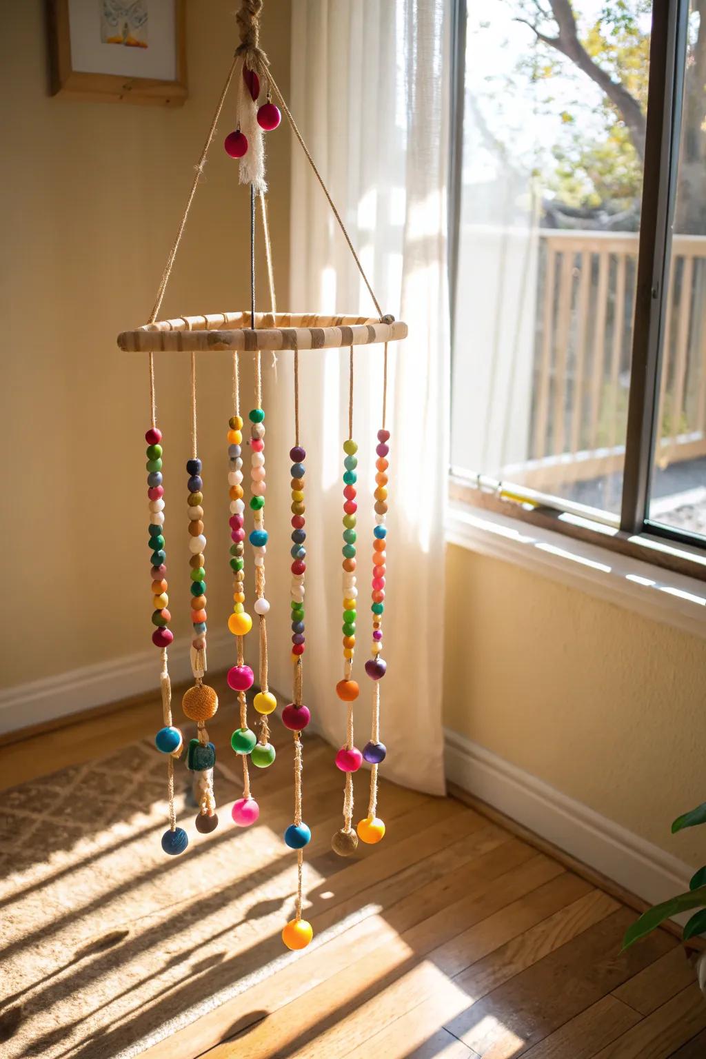 A playful stick mobile that brings color and movement to any space.