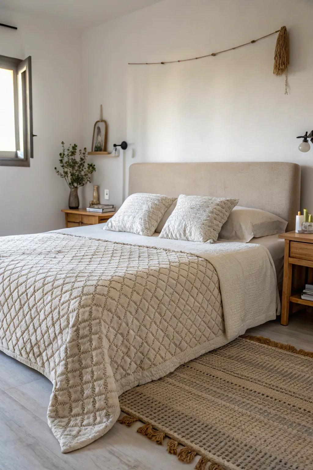 A textured bedspread adds depth and character to a minimalistic bedroom.