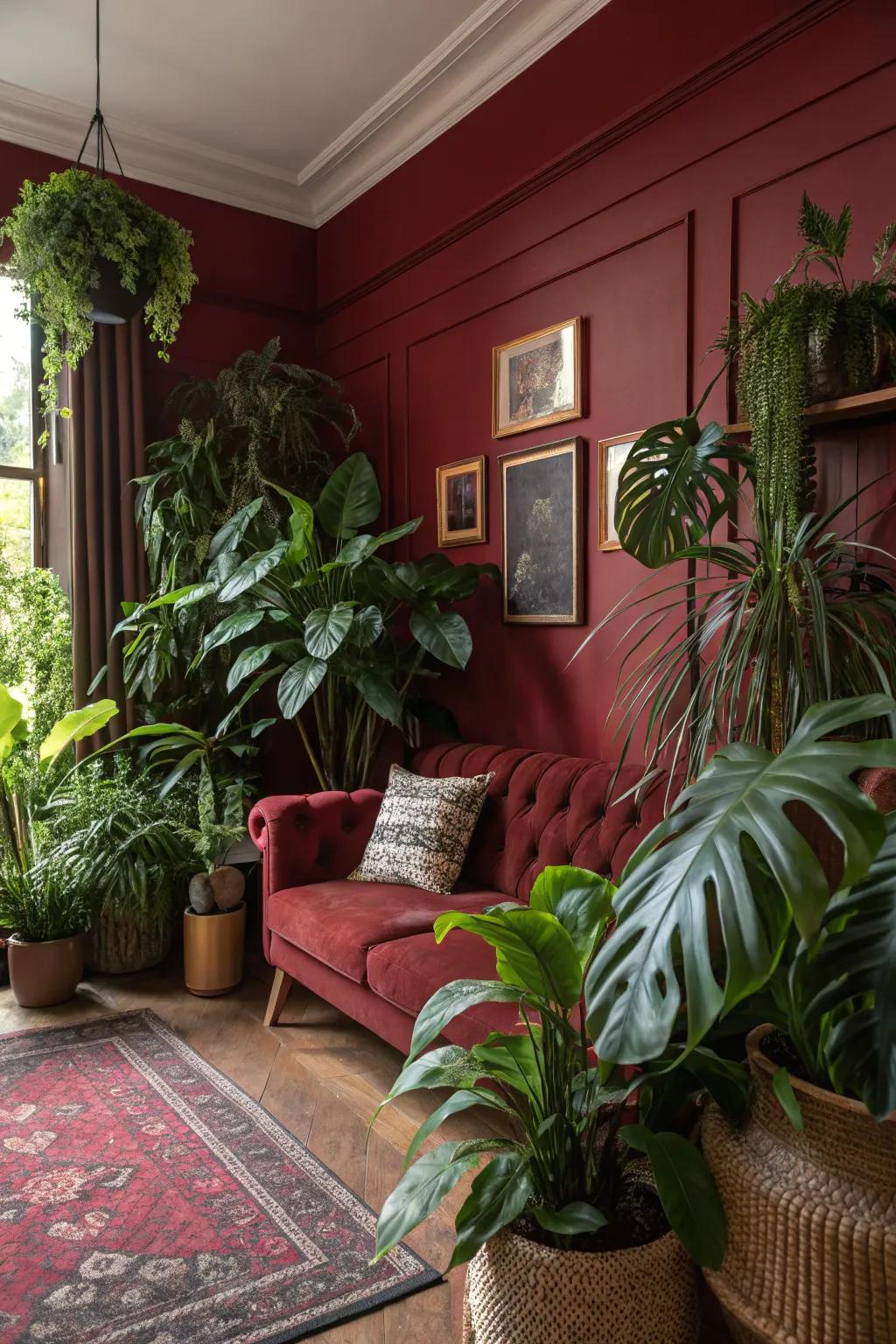 A refreshing living room with dark red walls and lush greenery.