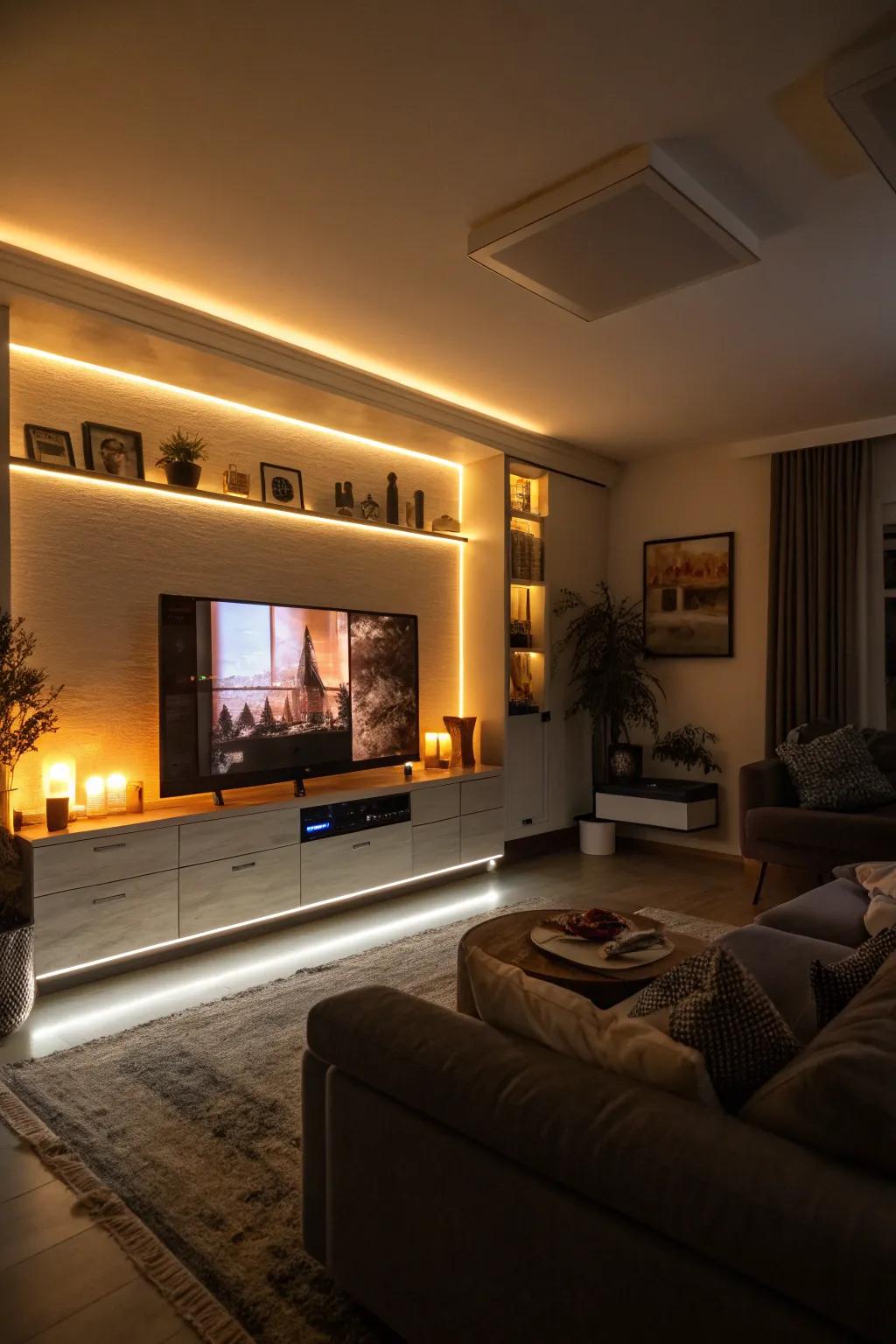 LED backlighting on a TV wall creating a cozy glow in a dimly lit living room.