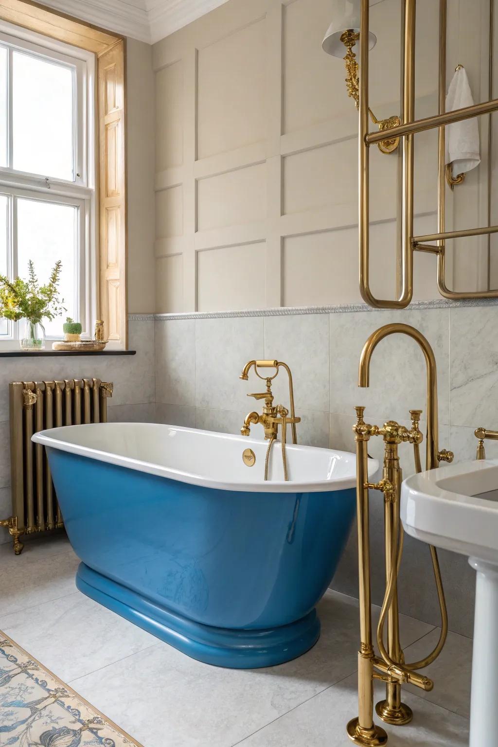 Metallic accents add a touch of luxury to a blue bathtub setting.