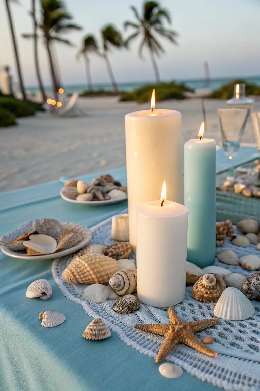 Candles surrounded by seashells for a tranquil, seaside vibe.