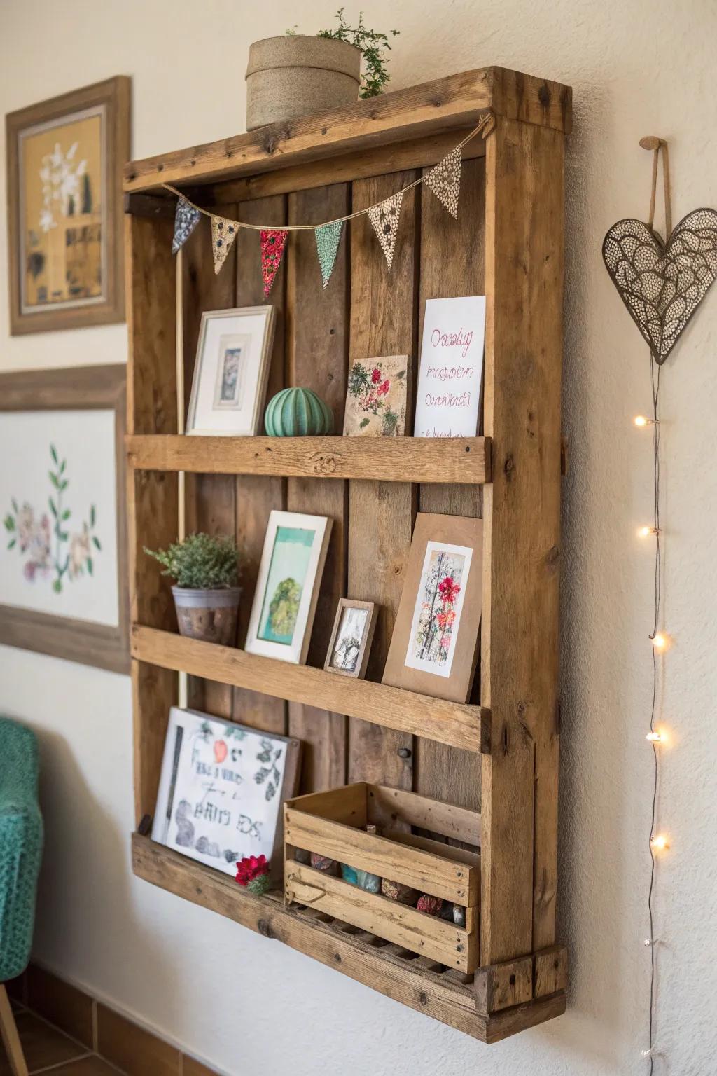 A wooden crate wall shelf adds artistic flair to any room.