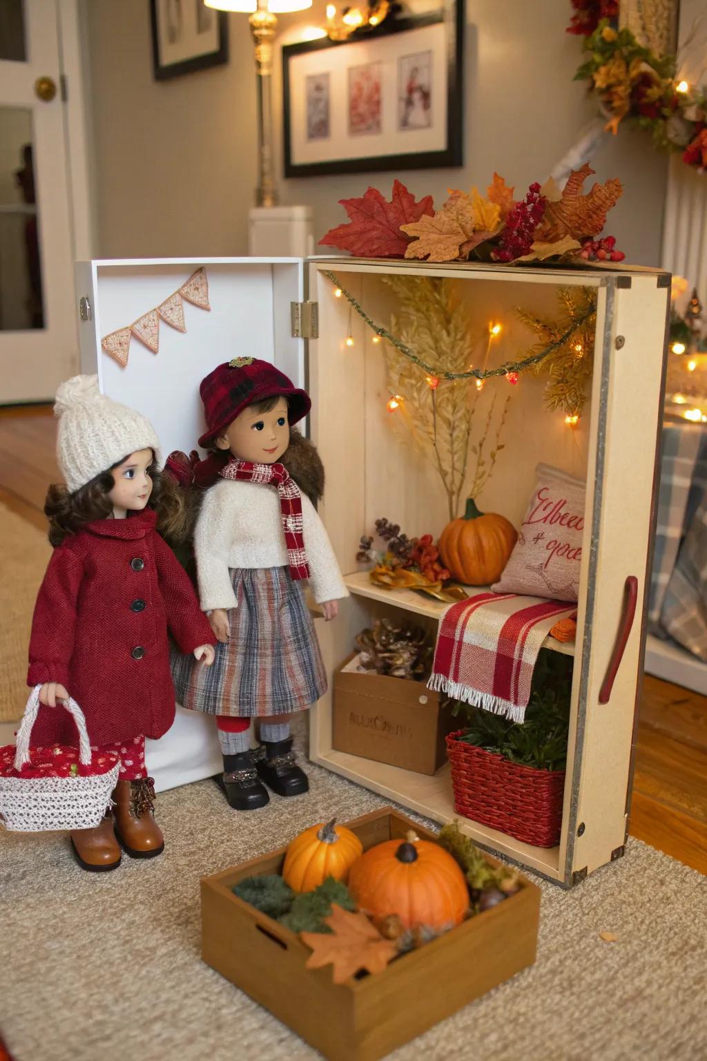 A seasonal scene in a room box offers a dynamic doll display.