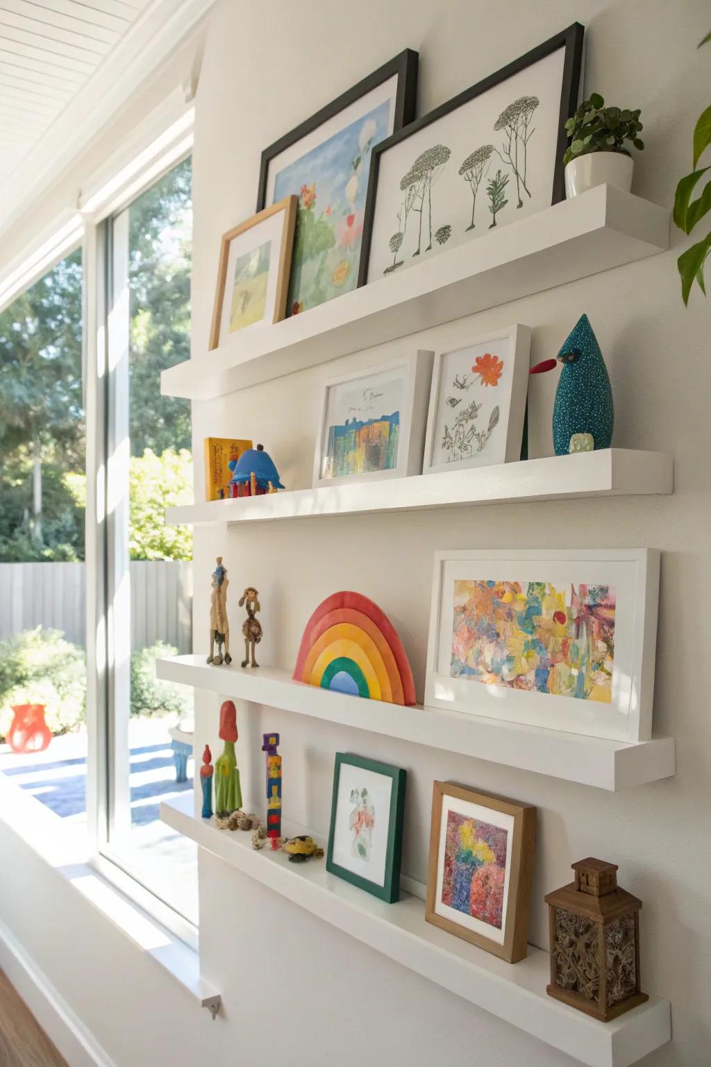 Floating wall shelves displaying a variety of children's art and crafts.