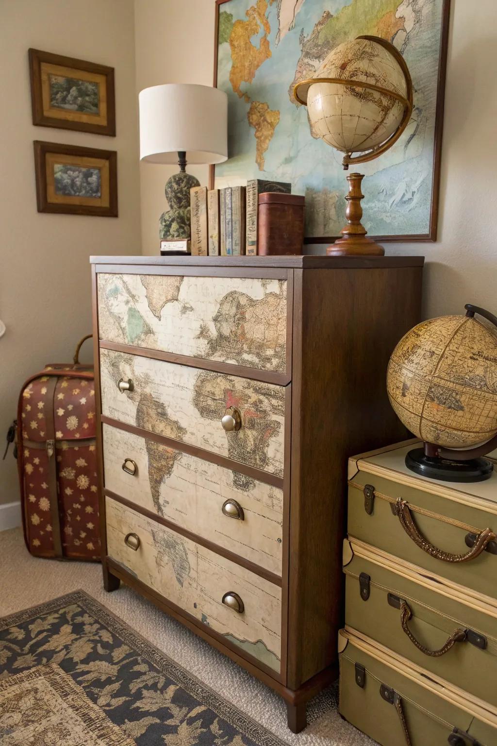 Maps on drawer fronts create an adventurous vibe.