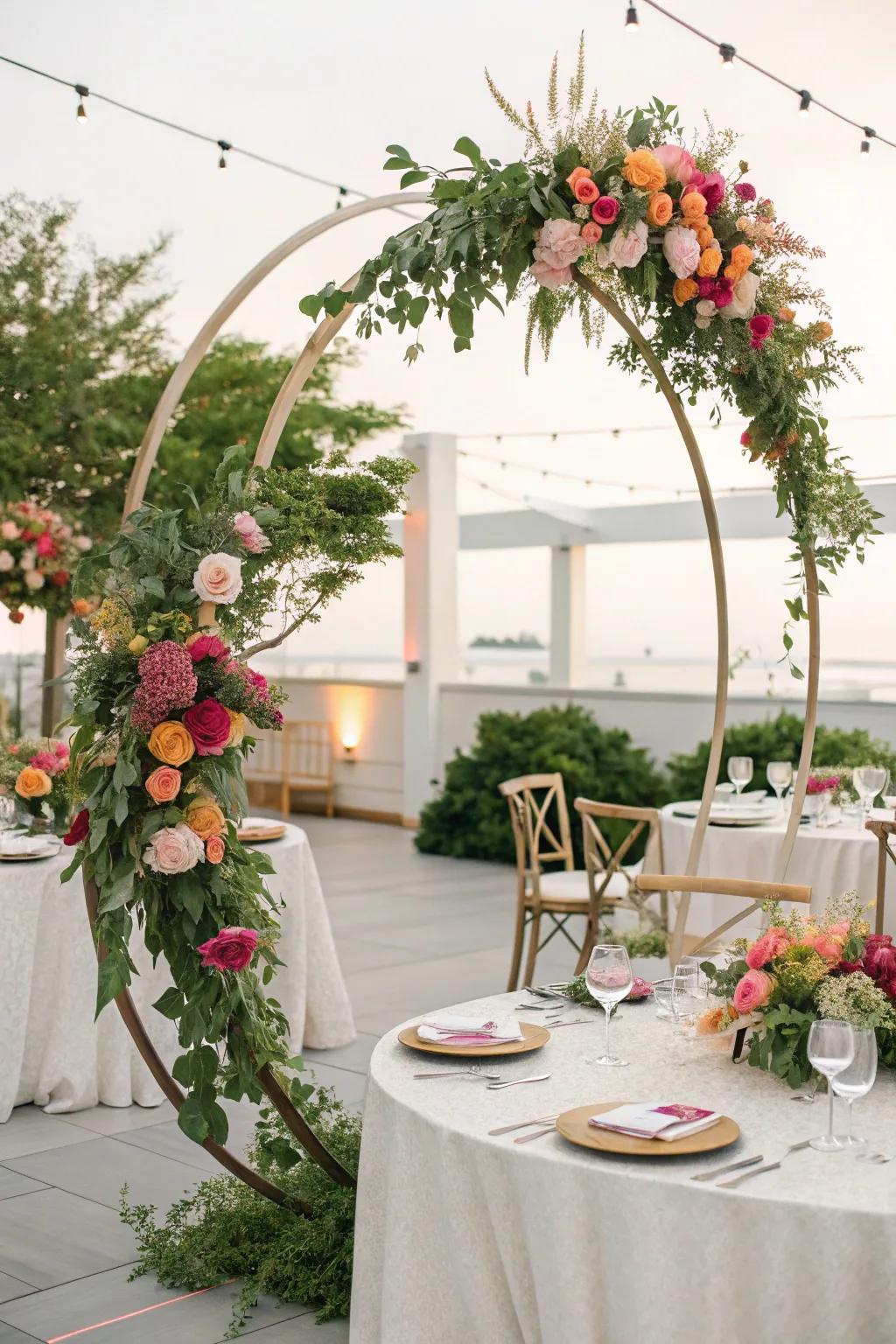 Chic floral hoop centerpieces adding a modern touch to wedding decor.