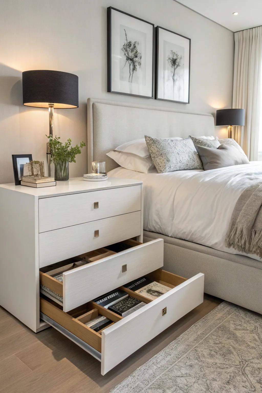 A modern dresser with hidden compartments keeps your space tidy and chic.