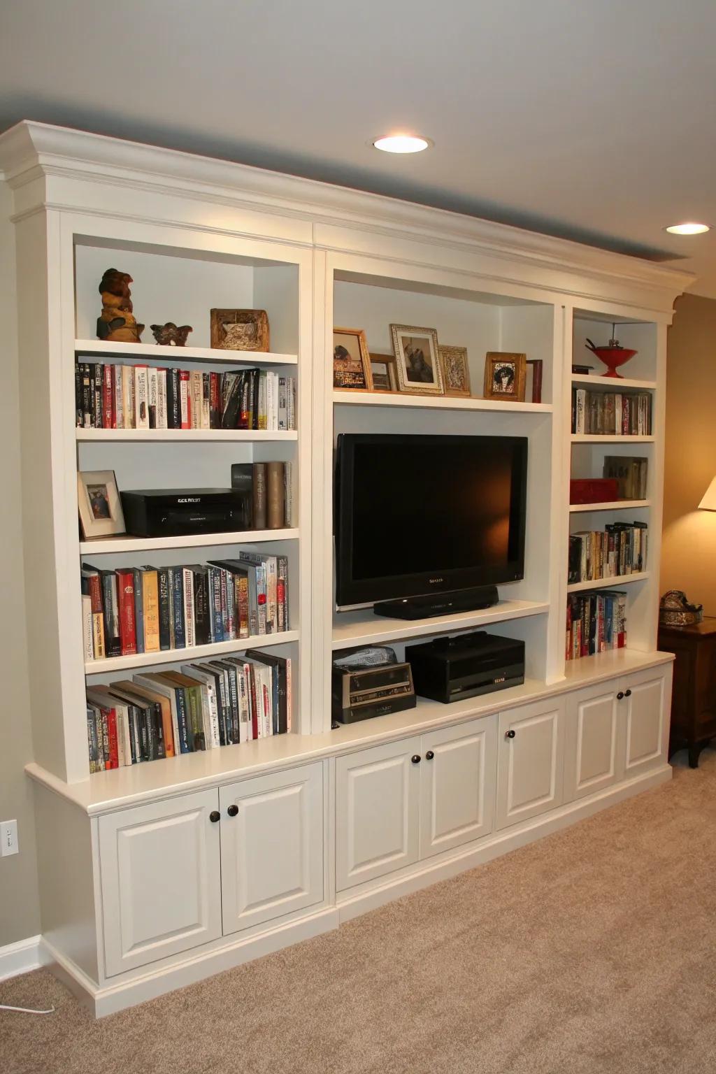 Built-in bookcases bring a library feel to this entertainment center.