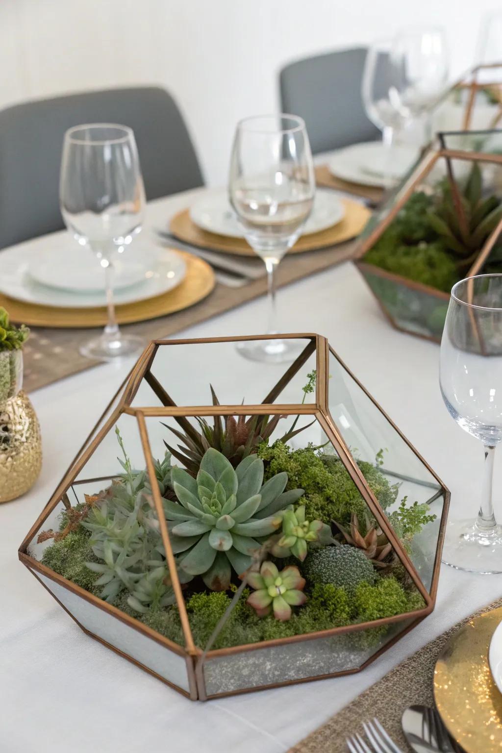 Geometric terrariums add a modern and chic touch.