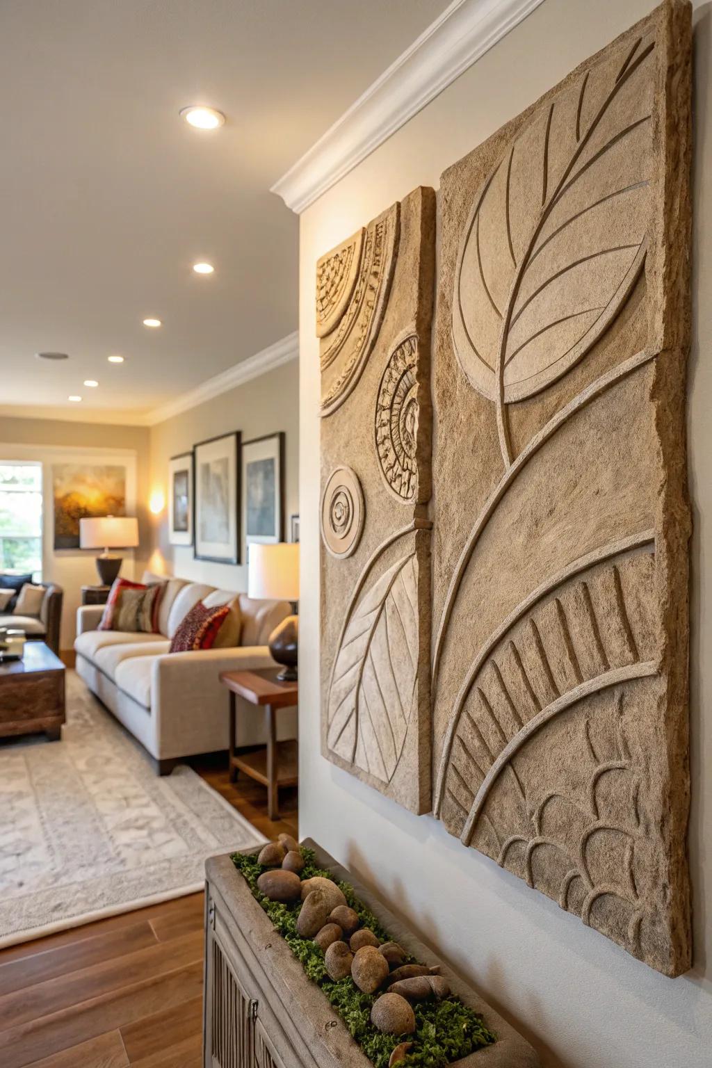 Abstract wall art crafted from excavator clay, adding a unique touch to a living room wall.