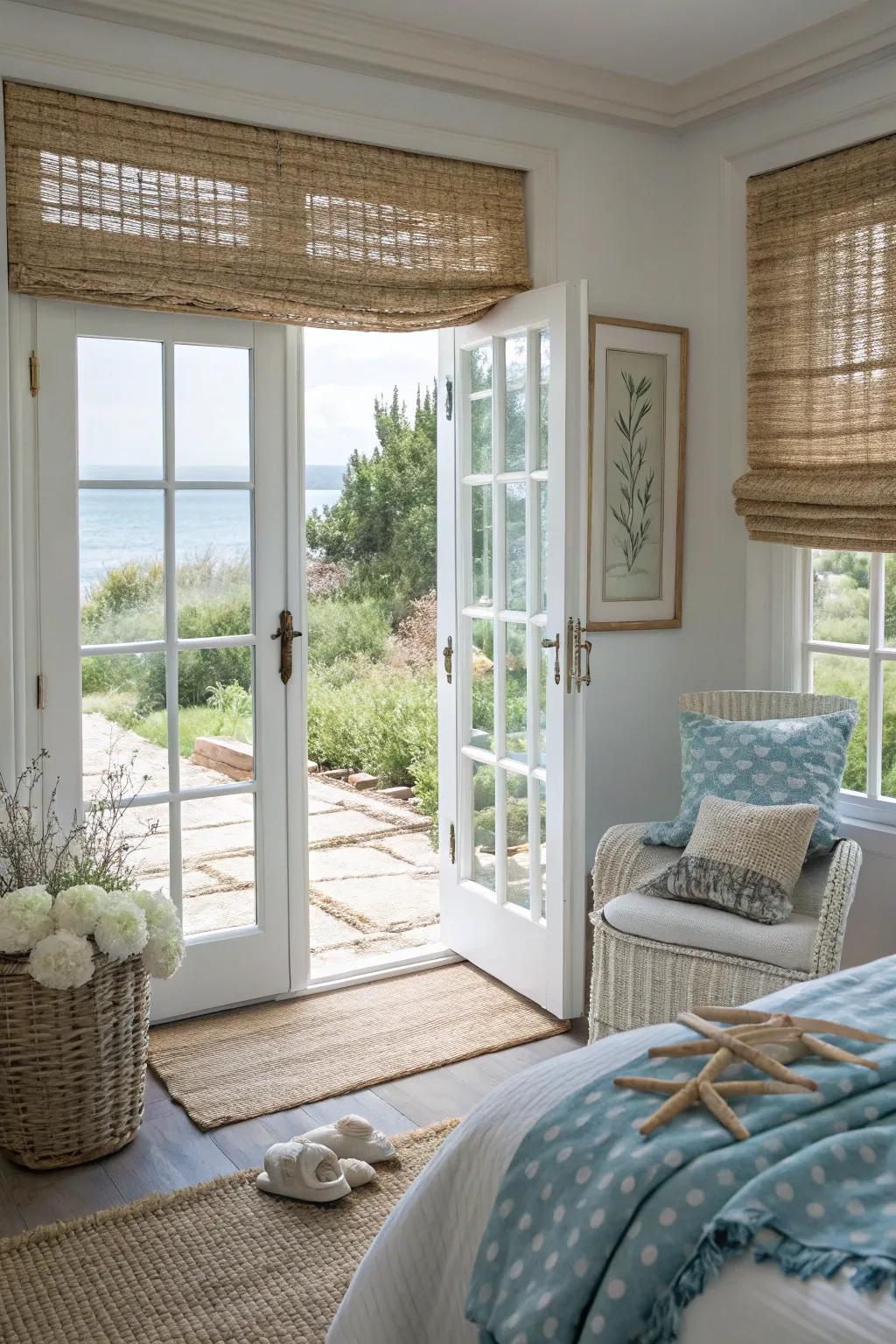 Woven blinds complementing a coastal-themed space.